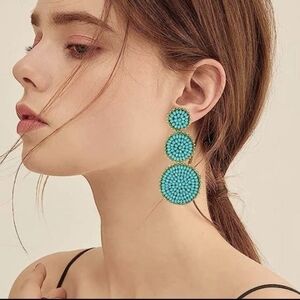Turquoise Blue Beaded Triple Tiered Earrings Bohemian Boho Summer Festival New